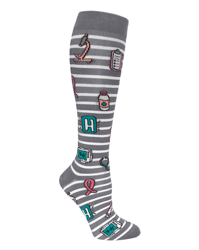 12" Premium Knit Compression Socks - Grey Stripes & Medical Symbols