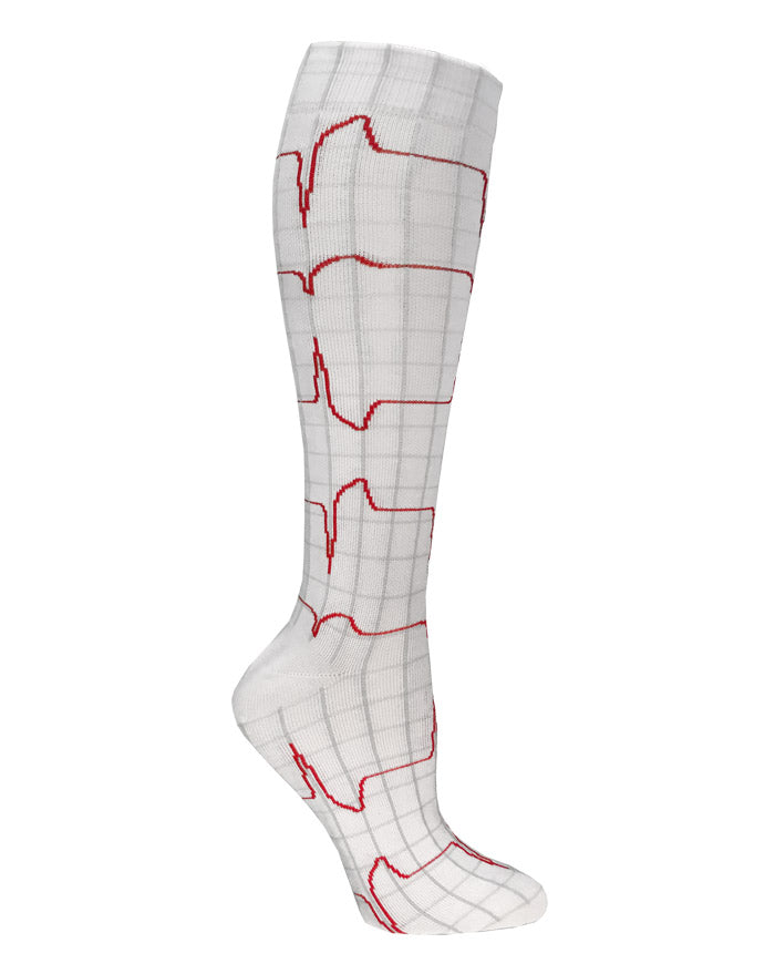 12" Premium Knit Compression Socks - EKG on White
